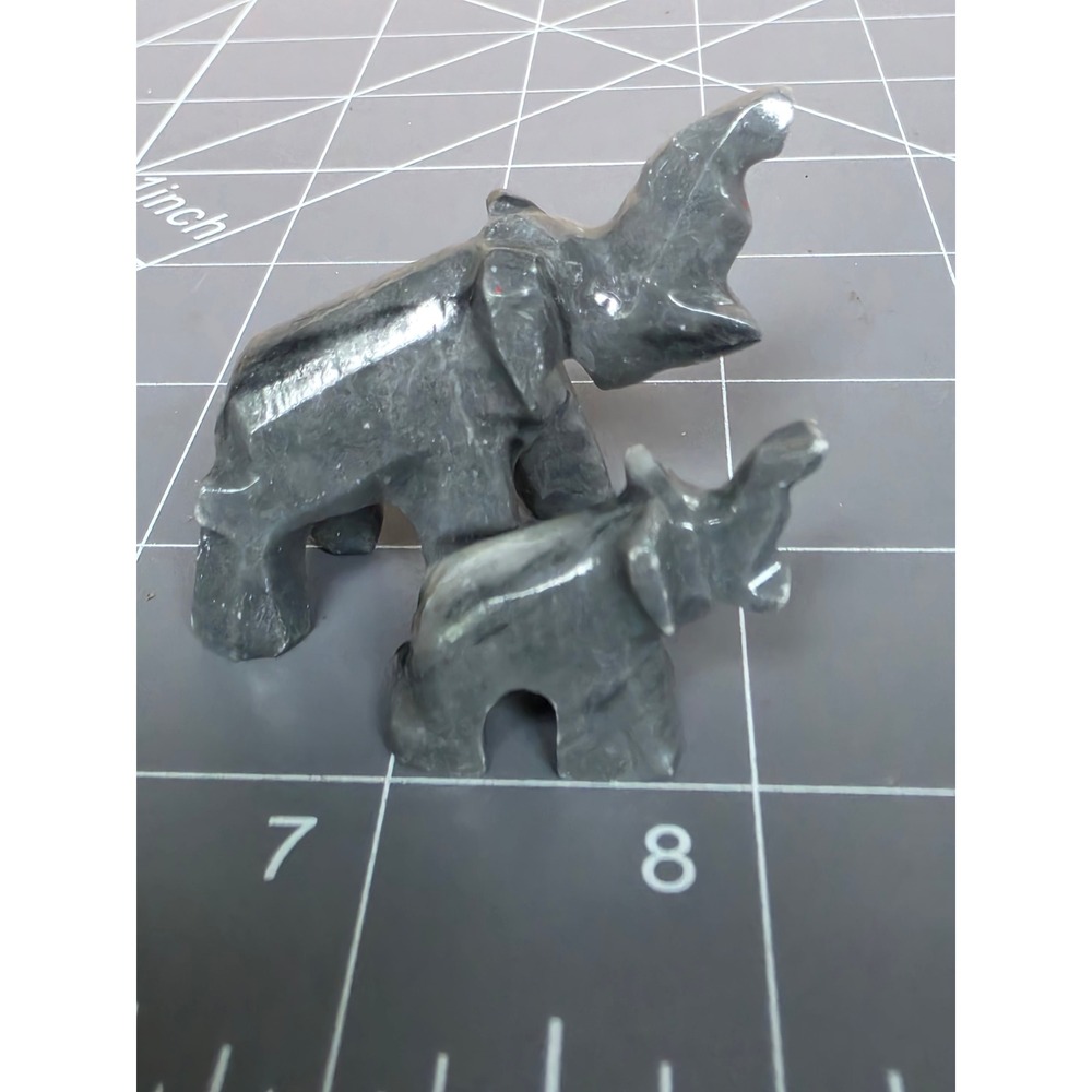 Hand Carved Soapstone Elephant Figurines Mother and Baby Pair Grey Stone Decor